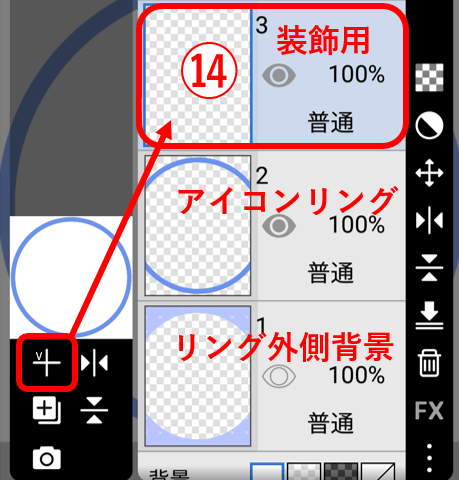 画像：レイヤーの順番を整理してアイコンリング自体はできあがり。ここから装飾する。